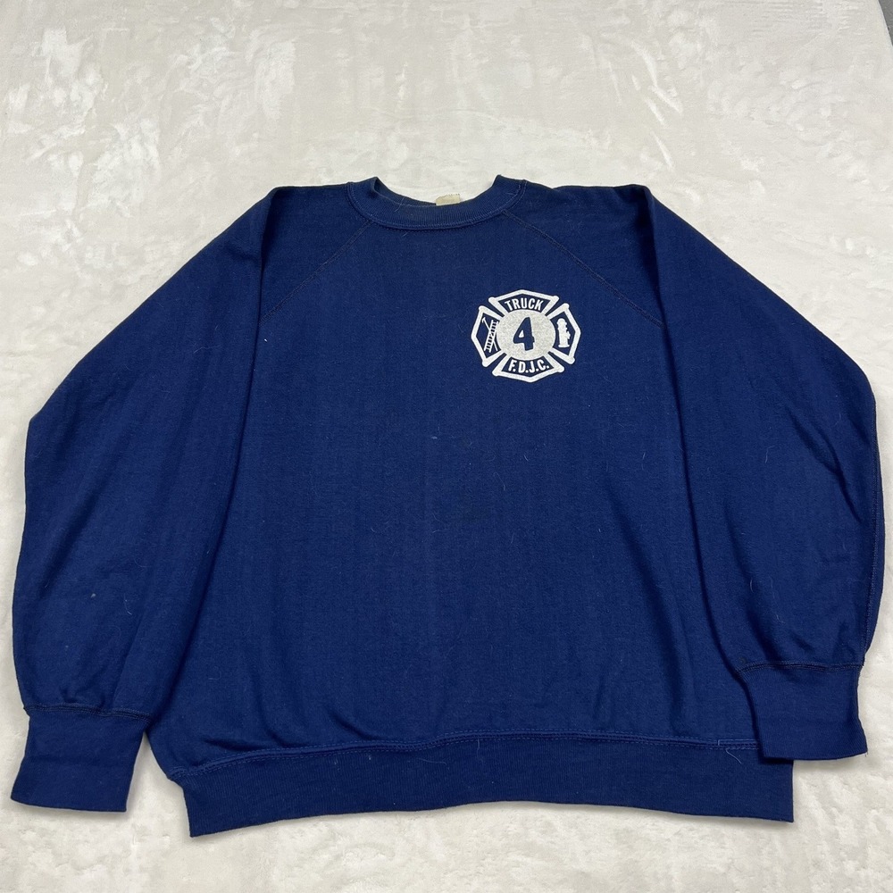 70s/80s Sportswear Sweatshirt Men Large Navy Truck 4 F.D.J.C. Fire Dept Raglan